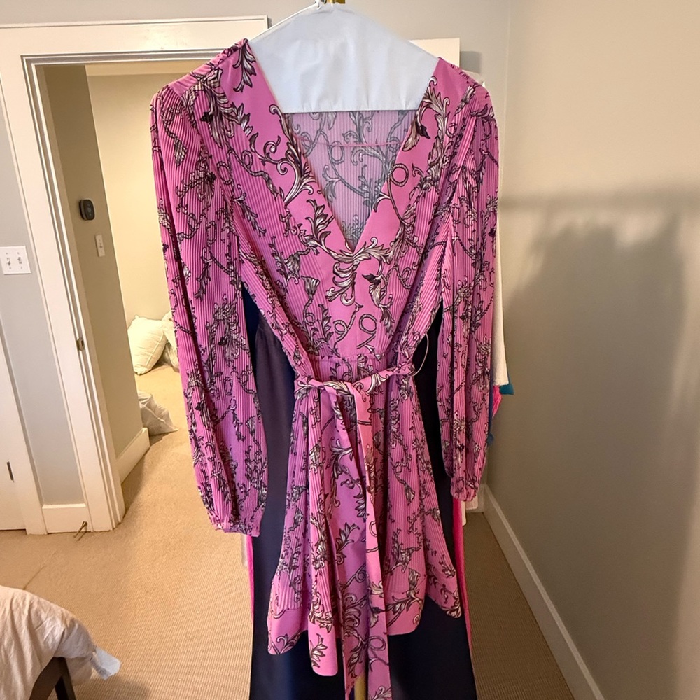 Milly Pink Floral Long-Sleeve Wrap Dress with Tie Waist